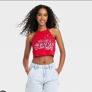 IML Oh My Stars Sleeveless Halter Tie Back Cropped Patriotic Top L or XXL NEW